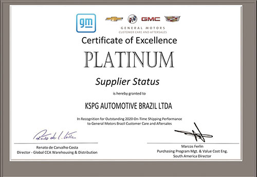 Kolbenschmidt (KS) recebe prêmio anual de Excelência em Qualidade de Fornecedores da General Motors Brazil na categoria platinum 